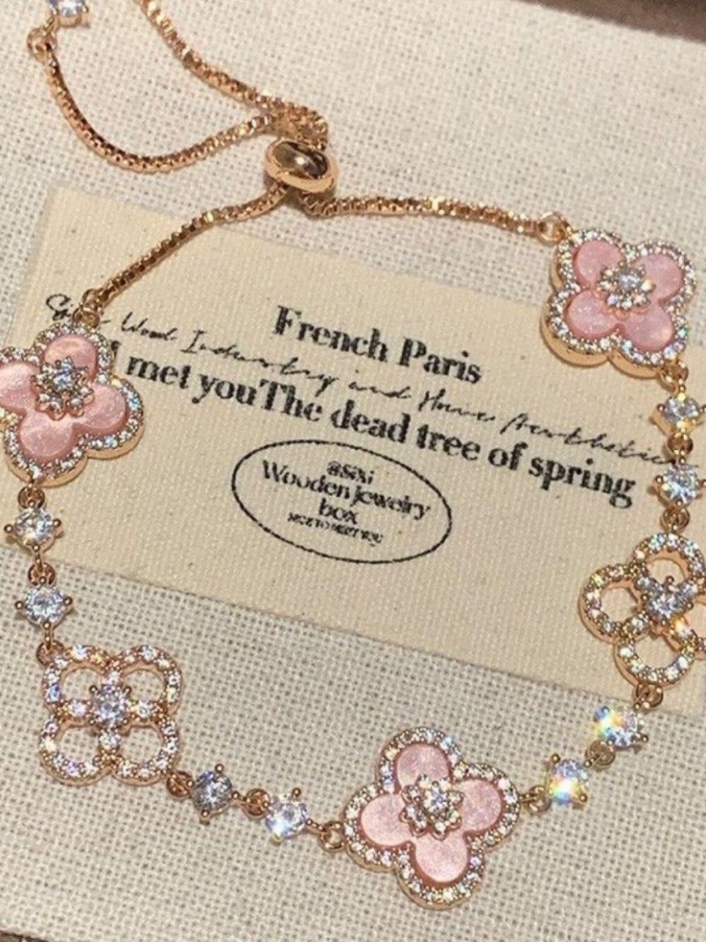Rose Gold Four Leaf Clover Bracelet Pink Crystal Charm Dainty Adjustable